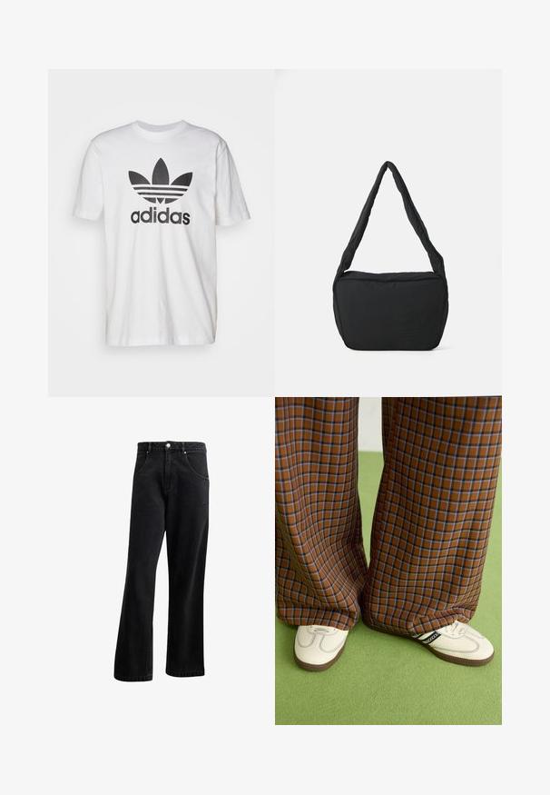 T-shirt de algodão branco com um logo da Adidas em preto, apresentando um design de trefoil e três riscas. Mangas curtas, decote redondo e corte descontraído.; Jeans de ganga preta com um design de perna reta, apresentando bolsos frontais, fecho de botão e uma leve textura. Inclui um detalhe de logótipo discreto.; Calças largas em padrão xadrez castanho e azul, combinadas com sapatos brancos com detalhes pretos e solas texturizadas, contra um fundo verde.; Saco preto de ombro com uma textura almofadada, uma forma arredondada e uma alça larga, apresentando um logótipo em relevo na parte da frente.