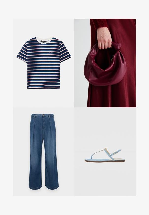 Svītrainā īsās piedurknes t-kreklā ar tumši zilu, baltu, sarkanu un zilu svītru rakstu. Apaļš kakla izgriezums ar nelielu logotipu uz krūtīm. Mīksta auduma tekstūra.; Platākā kāju džinsi vidēji zilos toņos. Satur pogu aizdari, divus priekšējos krokus un kontrastējošas šuves. Mīksta tekstūra un gluda apdare.; Zilu džinsu plakanas sandalītes ar T-veida siksniņu, regulējamu potīšu siksnu un brūnu zoli. Iekļauta vienkārša sprādze.; Burgundijas ādas rokassoma ar mīkstu, sakrautu dizainu un apaļu formu. Rokturi ir nostiprināti, parādot gludu tekstūru.
