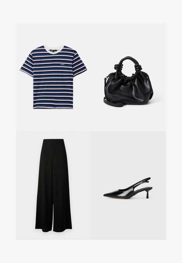 Stripet kortermet t-skjorte med marineblå, hvite, røde og blå striper. Rund hals med en liten logo på brystet. Myk tekstur.; Vero Moda Tall VMLIVA SUPER WIDE PANTS - Bukse - black; Sorte patent lær slingback hæle med spids tå, tynd hæl og justerbar spænde. Glat tekstur med minimal detaljer.; Svart lær veske med samlet design, korte, runde håndtak og avtagbar skulderrem. Glatt tekstur med en myk silhuett.
