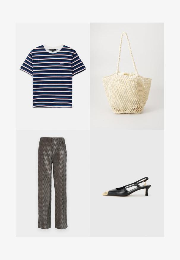 Pruhované tričko s krátkým rukávem v námořnické modré, bílé, červené a modré barvě. Kulatý výstřih s malým logem na hrudi. Měkká textilie.; Šedé široké kalhoty s plisováním a textura s diamantovým vzorem. Měkký materiál, elastický pas a zkrácená délka.; Černá kožená sandálová bota s špičatou špičkou a zlatým kovovým špičákem. Obsahuje design s výřezy a štíhlý podpatek s nastavitelným páskem.; Tkaná taška přes rameno vyrobená z krémových vláken, s pružným uzávěrem a opletenými madly. Strukturovaný, otevřený design s decentním označením značky.