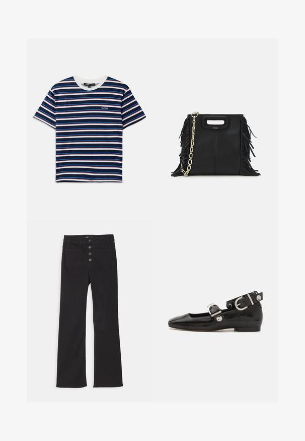Pasiasty t-shirt z krótkim rękawem w kolorach granatowym, białym, czerwonym i niebieskim. Okrągły dekolt z małym logo na piersi. Miękka tkanina.; Czarne jeansy dżinsowe z szerokimi nogawkami, wysoka talia, pięć kieszeni oraz zapięcie na guziki z przodu z czterema metalowymi guzikami.; Czarne lakierowane baleriny z kwadratowym noskiem, z paskiem na kostkę z metalowymi elementami w kolorze srebrnym oraz płaską podeszwą. Gładka textura i minimalistyczny design.; Czarna skórzana torebka na ramię z frędzlami, złotym łańcuszkiem oraz wyciętym uchwytem. Posiada umieszczone na przodzie logo.