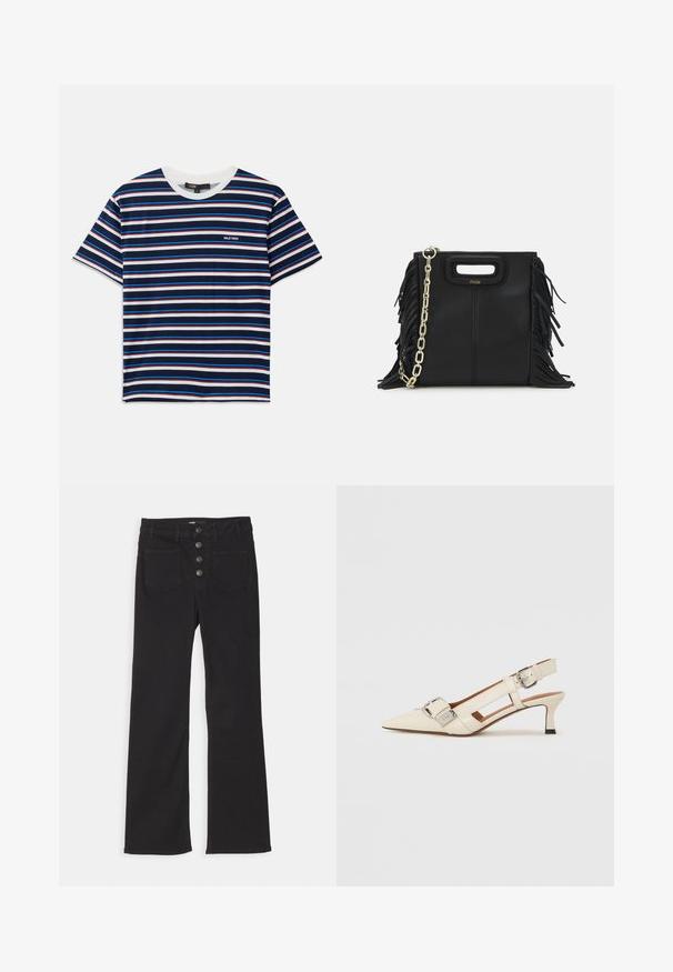 Gestreept T-shirt met korte mouwen, featuring marineblauwe, witte, rode en blauwe strepen. Ronde halslijn met een klein logo op de borst. Zachte stoftextuur.; Zwarte denim flared jeans met een hoge taille, vijf zakken en een sluiting met een voorkant met vier metalen knopen.; Witte leren slingback schoen met een spitse neus, kleine hak en verstelbare band met een opvallende zilveren gesp.; Zwarte leren handtas met franjes, gouden schouderband van schakels en een uitsnijding in de handgreep. Heeft het logo prominent aan de voorkant.
