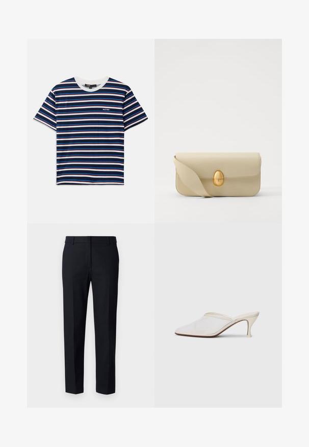 Striped short-sleeve t-shirt featuring navy, white, red, and blue stripes. Round neckline with a small logo on the chest. Soft fabric texture.; Tailored black trousers made of a smooth fabric, featuring a flat front, standard waistband, and straight legs with pressed creases.; White mesh pointed-toe mule with a slim mid-height heel and slip-on design against a plain background.; Beige leather handbag with a smooth texture, rectangular shape, and a golden oval clasp. Features a long, adjustable strap.