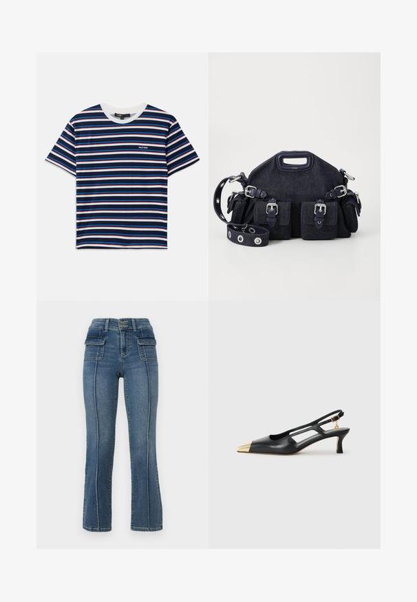 Pasma kratkih rukavov s črtami v mornarsko modri, beli, rdeči in modri barvi. Okrogli izrez z majhnim logotipom na prsih. Mehka tekstura tkanine.; ONLY Petite ONLWAUW MID WAIST FLARED - Kavbojke na trapez - medium blue denim; Črne usnjene sandače s koničastim nosom in zlatim kovinskim špirom. Imajo izrezljan dizajn in vitko peto z nastavljivim trakom.; Temno modra denim torba zaokrožene oblike, z več zunanjimi žepi, nastavljivim trakom in srebrnimi kovinskimi detajli. Vključena je tudi zgornja ročica.