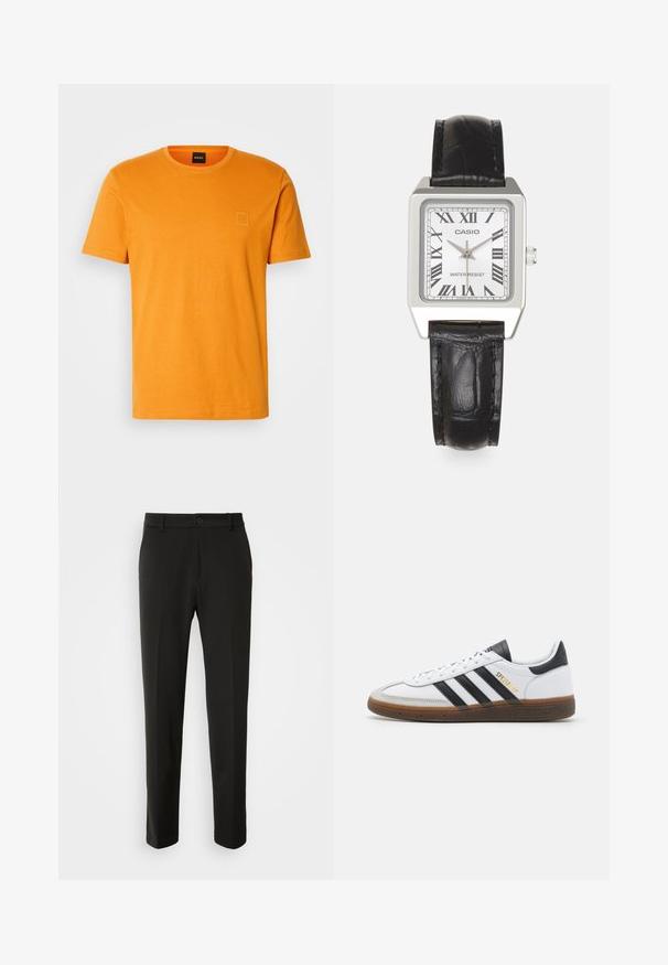 Trumpas rankovės marškinėliai ryškiai oranžinės spalvos, pagaminti iš medvilnės. Išskirtinis mažas kvadratinis logotipo užrašas kairėje viršutinėje dalyje, apvalus iškirpimas.; Juodi kelnes, pagamintos iš lygaus audinio, su tiesiomis kojomis, mygtuko uždarymu ir klasikiniu dizainu, tinkamu tiek formaliai, tiek kasdienei aprangai.; Balti odiniai sportiniai bateliai su juodais zomšos akcentais, trimis juodomis juostelėmis, smėlio spalvos guminiu padu ir auksiniu "SPEZIAL" ženklu šone.; Sidabrinė kvadratinė laikrodžių dėžutė su balta ciferblatu, juodais romėniškais skaičiais ir užrašu "WATER RESIST". Juodas odinis dirželis su tekstūruota apdaila.