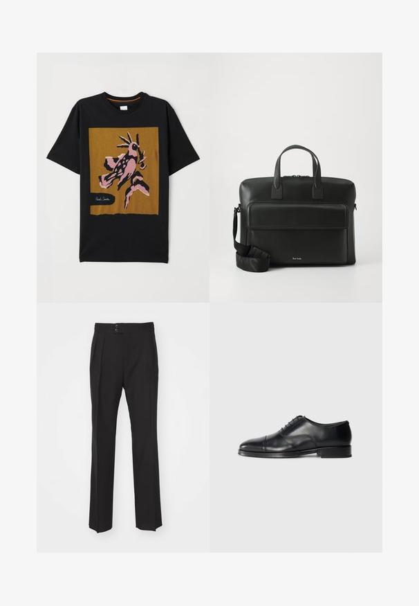 Melnas kokvilnas T-krekls ar lielu, abstraktu rozā un brūnas putna grafiku uz zelta kvadrāta, ar "Paul Smith" logo baltā krāsā.; Melnas pieguļoša stila bikses ar taisnu kāju dizainu, divām priekšējām kabatām un dubultu pogu aizdari jostasvietā. Gluda auduma tekstūra.; Melna ādas kleita kurpe ar noapaļotu purngala formu, gludu tekstūru, šņorējamu dizainu un smalku šuvju detaļu, kas īpaši izceļas ar zemu, plakanu papēdi.; Melna ādas portfelis ar divām augšējām rokturiem, priekšējo kabatu un noņemamu siksnu, ar diskrētu zīmolu apakšā.