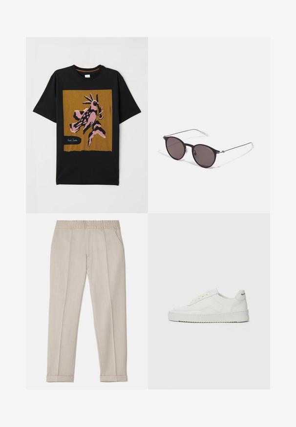 Musta puuvillapaita, jossa on suuri, abstrakti vaaleanpunainen ja ruskea lintugrafiikka kultaisella neliöllä, ja "Paul Smith" -logo valkoisella.; Filippa K TERRY CROPPED TROUSERS - Housut - sage melange; Valkoinen nahkakenkä, jossa on sileä pinta, pyöreä kärki, tasaiset nauhat ja teksturoitu pohja. Sisältää huomaamattoman logon kantapäässä.; Musta pyöreä aurinkolasit tummilla linsseillä ja kapeilla metallikehyksillä. Sisältää kirkkaat temppelet ja hopeiset yksityiskohdat saranassa. Minimalistinen muotoilu.