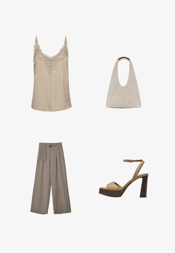 Beige ilman hihoja oleva paita, jossa on monimutkainen pitsiyksityiskohta kaula-aukolla, säädettävät ohut olkaimet ja sileä, valuva kangas.; Suurille lahkeille housuille pehmeässä, hillityssä harmaassa kankaassa, jossa on vyötäröllä vyö ja lisää muotoilun yksityiskohtia kuploissa. Sileä rakenne, ei kuvioita.; Beige-nahkareunaiset korkokengät, joissa on leveä etuolka ja ankle strap, varustettu paksulla puukengän korolla, jossa on tekstuuripinta.; Vaalea harmaa nahkalaukku, jossa on U-muotoinen muotoilu ja kaareva metallikahva. Suora pinta, jossa on minimaalinen ompelu ja ei näkyviä kuvioita.