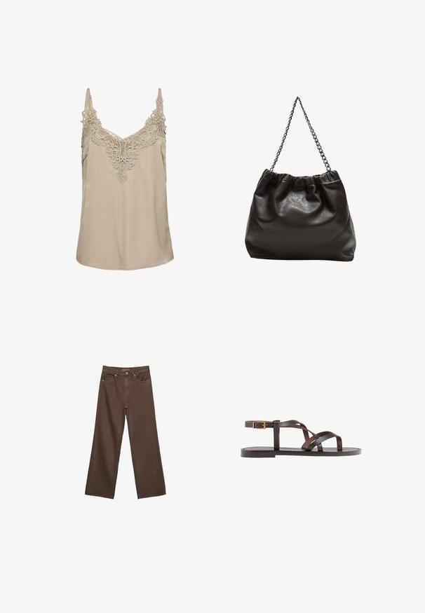 Krémová bezrukávová blúzka s precíznymi čipkovými detailmi okolo výstrihu, s nastaviteľnými ramienkami a hladkou, splývavou tkaninou.; Džínsy s širokými nohavicami v hnedej farbe, vyrobené z denimu, so zvýšeným pásom, prednými vreckami a klasickým zapínaním na gombík. Hladká textúra s jemným prešívaním.; Hnedé kožené sandály s krížovými popruhmi, uzatváraním na pracku okolo členku a plochou podrážkou s minimálnymi ševmi.; Hnedá kožená taška so zberaným vrchom a reťazovým popruhom. Hladký povrch s lesklým finišom a jemným švom po stranách.