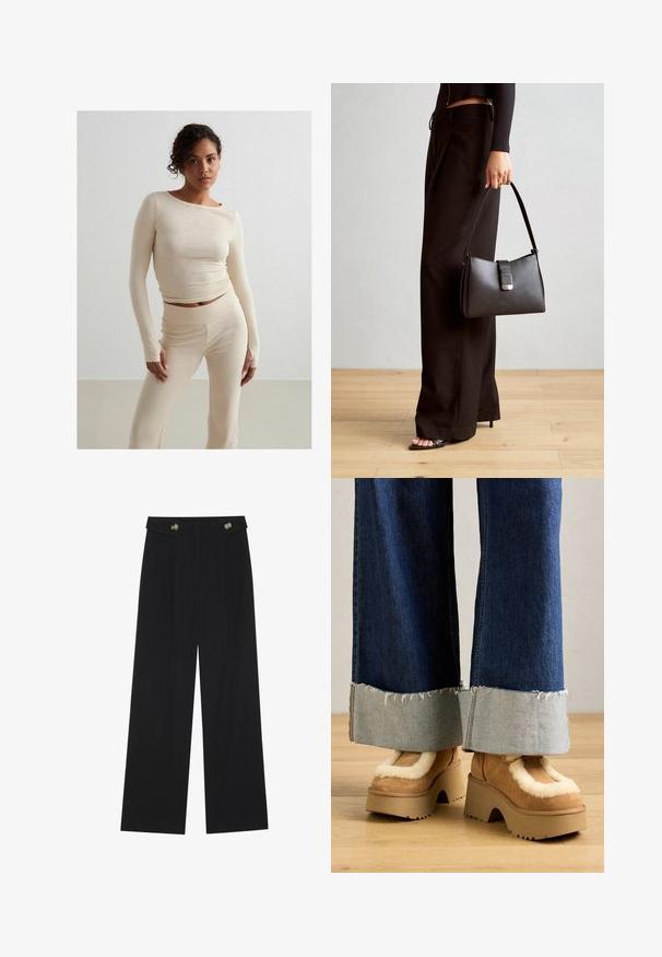Top a maniche lunghe con righe beige e pantaloni a vita alta abbinati, texture morbida, design aderente, stile minimalista, con dettagli di cucitura sottili.; Pantaloni neri a gamba larga con vita alta, dettagli con bottoni in vita e pieghe frontali.; Stivali platform in suede marrone con interno in pelliccia crema, abbinati a pantaloni in denim a gamba larga caratterizzati da orli sfrangiati e un risvolto in denim più chiaro.; Borsa nera con forma strutturata, texture liscia e una chiusura metallica. Abbinata a pantaloni neri larghi e sandali open-toe su un pavimento in legno.