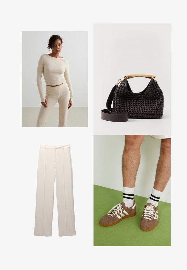 Beżowa, prążkowana bluzka z długim rękawem oraz dopasowane spodnie z wysokim stanem, miękka tekstura, dopasowany krój, minimalistyczny styl z subtelnymi detalami w ściegach.; Szerokie spodnie w jasnobeżowym materiale o gładkiej teksturze. Posiadają dopasowany pas, zaszewki z przodu i brak widocznych kieszeni.; Brązowe zamszowe sneakersy z białymi akcentami i sznurówkami. Gumowa, brązowa podeszwa. Noszone z białymi skarpetkami w czarne paski. Zielona teksturowana podłoga.; Elleme - Torebka