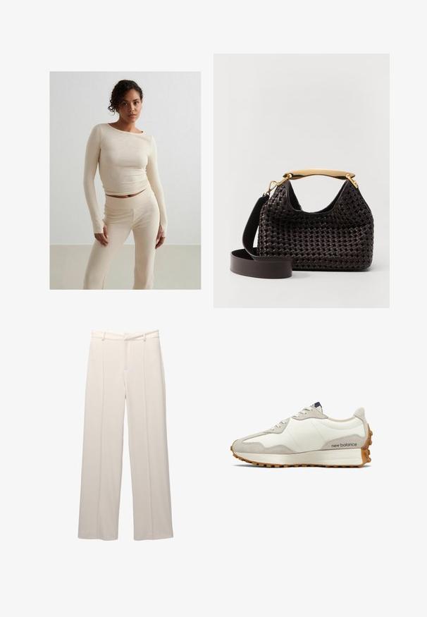 Beige geripptes Langarmoberteil und passende hochgeschnittene Hose, weiche Textur, figurbetontes Design, minimalistischer Stil, mit dezenten Nähten.; Weite Hose aus leichtem beigen Stoff mit glatter Textur. Verfügt über einen gefütterten Taillenbund, vordere Falten und keine sichtbaren Taschen.; Weiße und beige Sneaker mit einem glatten Lederobermaterial, Wildlederakzenten, runder Zehenform und einer strukturierten Gummisohle. Markenname an der Seite gedruckt.; Elleme BOOMERANG WOVEN - Handtasche - brown