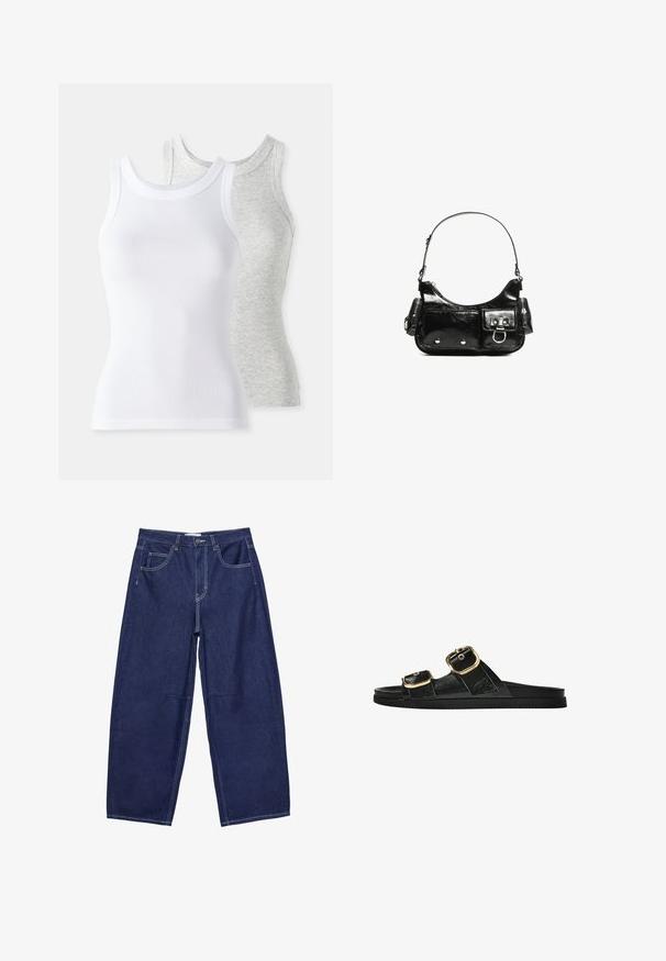 Two sleeveless tank tops: one white, ribbed texture, and one light gray with a subtle heather pattern. Both have round necklines.; Dark blue denim wide-leg trousers with a high waist, five pockets, and contrasting white stitching. Smooth texture, classic design.; Black slide sandal with two gold buckle accents, smooth textured material, flat sole, and a minimalist design.; Black patent leather handbag with a curved shape, one shoulder strap, front pockets, and silver-tone hardware accents.
