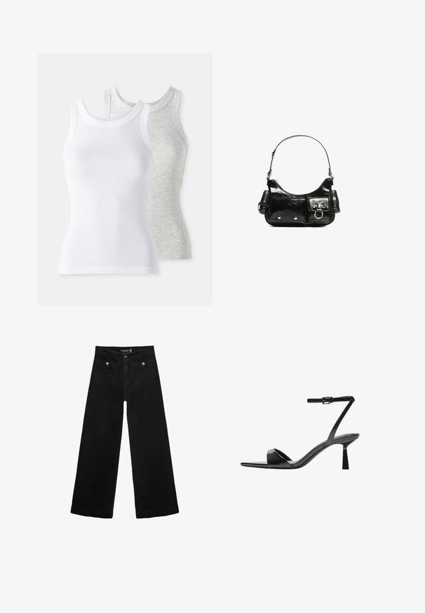 Dwa bezrękawniki: jeden biały, o prążkowanej fakturze, a drugi jasnoszary z delikatnym wzorem heather. Oba mają okrągłe dekolty.; Czarne, szerokie dżinsy z wysokim stanem, z dwoma przednimi kieszeniami i metalowymi guzikami. Tkanina ma gładką fakturę.; Bershka - Sandały na obcasie; Czarna torebka z lakierowanej skóry o zaokrąglonym kształcie, z jednym paskiem na ramię, przednimi kieszeniami i akcentami w kolorze srebrnym.