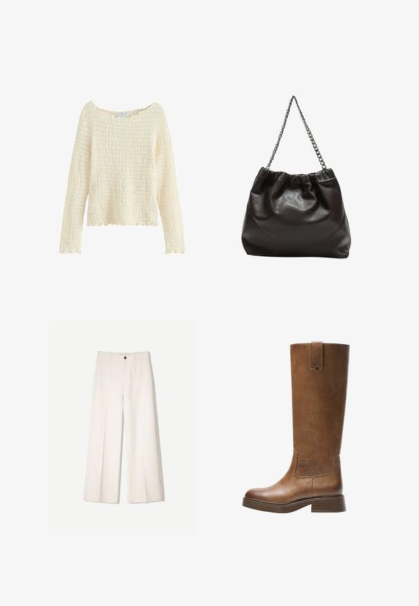 Kerman kuvioinen neulepusero pitkillä hihoilla ja leveällä kaula-aukolla. Ominaisuuksiin kuuluu neulottu kuvio ja aaltoileva helma. Valmistettu pehmeästä materiaalista.; Kerman leveletut housut räätälöidyllä designilla, joissa on kaksi etutaskua ja yksi etunapituksilla, valmistettu sileästä kankaasta.; Kahvipronssinen polvipituinen saapas, jossa on pyöristetty kärki, teksturoitu pinta ja matala pinoheijastin. Varressa on sivupaneeli ja vetotappi ylhäällä.; Ruskea nahkainen laukku, jossa on kerätty yläosa ja ketjuhihna. Tasainen pinta, jossa kiiltävä viimeistely ja hienovaraiset sauman yksityiskohdat sivuilla.