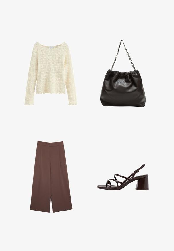 Maglione a crema con texture, maniche lunghe e scollatura ampia. Presenta un motivo lavorato a maglia e orlo scallop. Realizzato in materiale morbido.; Pantaloni ampi marroni con una texture liscia, caratterizzati da una vita alta e pieghe frontali. Il tessuto è leggero e scorre liberamente.; Sandalo con tacco alto e cinturini marrone, dotato di un tacco spesso, con una finitura liscia e lucida e numerosi cinturini incrociati sulla parte superiore.; Borsa in pelle marrone con parte superiore arricciata e tracolla a catena. Texture liscia con finitura lucida e dettagli di cucitura sottili sui lati.