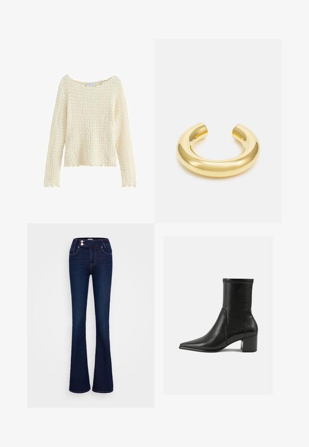 Textúrovaný krémový sveter s dlhými rukávmi a širokým výstrihom. Má pletený vzor a zúbkovaný lem. Vyrobený z mäkkého materiálu.; Tmavomodré zvonové džínsy s vysokým pásom, dvoma prednými vreckami a dvoma gombíkovými zapínaniami. Vyrobené z denimu s hladkou textúrou.; Čierne členkové topánky vyrobené z hladkej kože, s špicatou špičkou, blokovým podpätkom a výrazným zvýšeným švom na hornom okraji.; Náušnice z pozláteného kovu s hladkým, lesklým povrchom. Zakrivený dizajn má otvorené konce s bezšvovým, minimalistickým tvarom.
