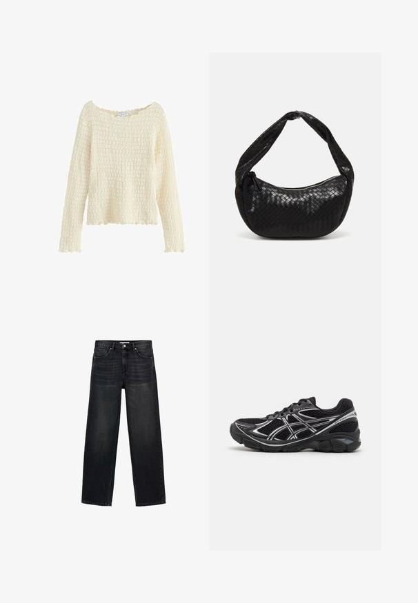 Textured cream sweater with long sleeves and a wide neckline. Features a knitted pattern and a scalloped hem. Made of soft material.; Black wide-leg jeans made of denim. Featuring five pockets, a zip fly with a button closure, and subtle fading on the front.; Black athletic shoes with gray accents, mesh fabric upper, cushioned sole, and a textured rubber outsole. Features a streamlined design.; Black woven leather handbag with a curved shape, featuring a thick handle and a zip closure. Textured surface with a glossy finish.
