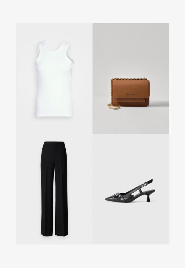 Biela bezrukávová tielko vyrobené z rebrovanej bavlny. Má okrúhly výstrih a postranné švy, s priliehavým strihom a hladkou štruktúrou.; Čierne široké nohavice s hladkým povrchom, s vysokým pásom a stredovými skladmi. Žiadne viditeľné vzory ani hardvérové detaily.; Čierne kožené slingback topánky s špicatou špičkou, ozdobnými popruhmi s kovovými očkami a nízkym blokovým podpätkom. Textúrovaný povrch.; Hnedá textúrovaná kožená taška cez telo s zlatým reťazovým popruhom a preklopným uzáverom. Predná strana obsahuje detail s logom a vrecko pod preklopkou.