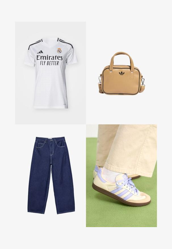 adidas Performance REAL H JSY W - Jalkapallopaita - white; Tummansiniset farkkuisot, joissa on leveät lahkeet ja korkea vyötärö, viisi taskua sekä kontrastivalkoinen ompelu. Suora pinta, klassinen muotoilu.; Kermasilta ja laventelilta näyttävät lenkkarit kolmella raidalla ja teksturoidulla ruskealla pohjalla, varustettuna nauhoilla ja pehmustetulla kantapäällä. Pehmeä kangaspinta.; Beige nahka-tube laukku, jossa on kaksi kahvaa, irrotettava olkahihna, mustat korostusompeleet ja pieni musta logo edessä.