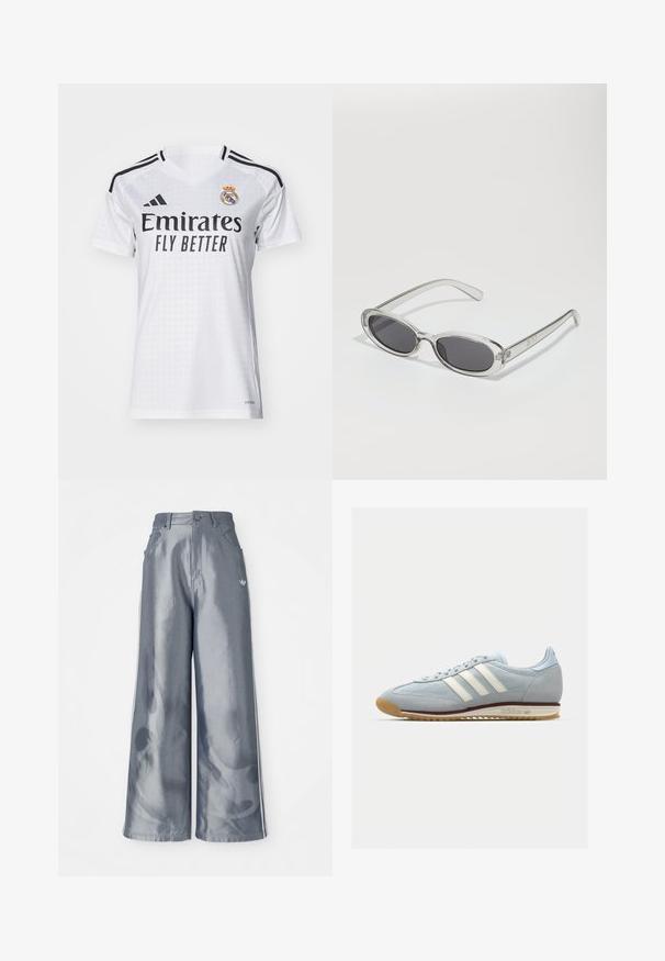 adidas Performance REAL H JSY W - Fotbalový dres - white; Kalhoty s širokými nohavicemi z lesklého šedého materiálu, se bílými bočními pruhy a plamenným vzorem na spodní části nohavic. Zapínání na knoflík a zip v pase.; Světlou modrou semišovou tenisku s bílými třemi pruhy, gumovou podrážkou a texturovanou mřížkou. Obsahuje hladký kryt špičky a branding na patě.; Sluneční brýle s oválným tvarem, průhledným plastovým rámem, tmavě šedými skly a tenkými průhlednými stranami s akcenty loga a minimálními detaily.