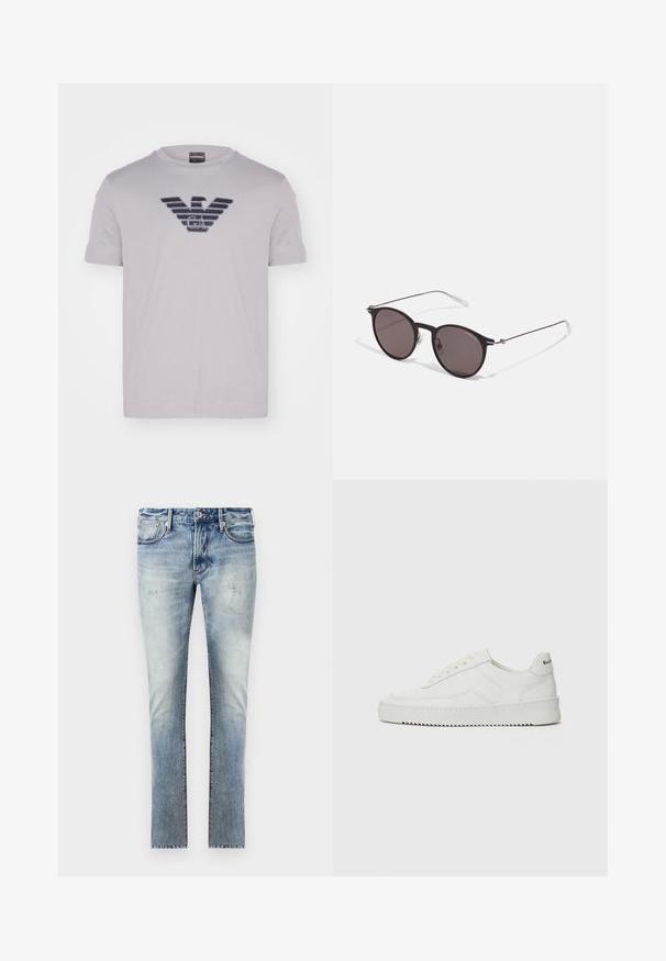 Emporio Armani - T-shirt z nadrukiem; Jasnoniebieskie dżinsy z wyblakłym wykończeniem, wąski krój, pięć kieszeni i kontrastowe szwy.; Białe skórzane sneakersy o gładkim wykończeniu, okrągłym nosku, płaskich sznurówkach i teksturowanej podeszwie. Charakteryzują się delikatnym logo na pięcie.; Czarne okrągłe okulary przeciwsłoneczne z ciemnymi soczewkami i smukłymi metalowymi ramkami. Zawierają przezroczyste końcówki zauszników oraz srebrne akcenty przy zawiasie. Minimalistyczny design.