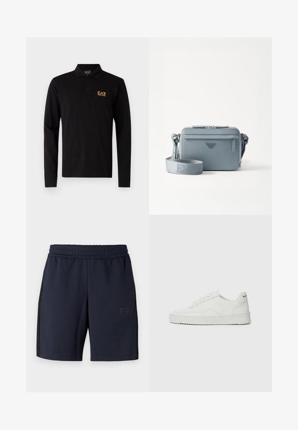 Black long-sleeve polo shirt made of cotton, featuring a three-button placket and a contrasting yellow embroidered logo on the chest.; Navy athletic shorts made of breathable fabric with an elastic waistband, featuring side mesh panels and a logo on the lower front.; White leather sneaker with a smooth finish, round toe, flat laces, and a textured sole. Features a subtle logo on the heel.; Blue structured crossbody bag made of textured material, featuring a zip closure, front pocket, and adjustable strap with "EMPOR" branding.