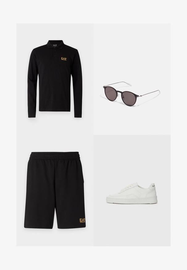 Fekete, hosszú ujjú pólóing, tiszta pamutból készült, három gombos kivágással és kontrasztos sárga hímzett logóval a mellkason.; Fekete sportnadrág puha anyagból, rugalmas derékkal és egy kis sárga EA7 logóval a bal alsó lábszáron.; Fehér bőr sportcipő sima felülettel, kerek orral, lapos fűzőkkel és texturált talppal. Finom logó található a sarokon.; Fekete kerek napszemüveg sötét lencsékkel és karcsú fém szárakkal. Átlátszó szárvégeket és ezüst részleteket tartalmaz az ívnél. Minimalista dizájn.