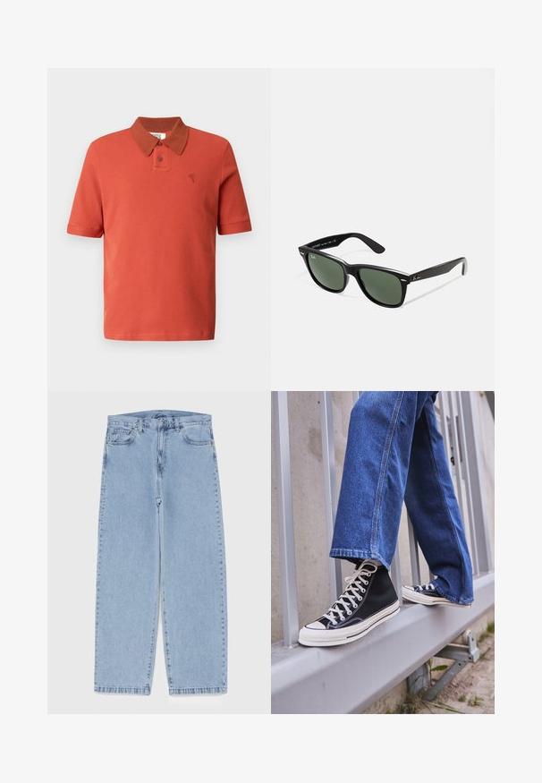 Kurzärmliges Poloshirt in ziegelrot, strukturierter Stoff, mit kontrastierendem braunem Kragen, zwei Knöpfen und einem gestickten Logo.; Hellblaue Jeans aus Denim mit geradem Bein, ausgestattet mit einer mittelhohen Taille, fünf Taschen sowie einem Knopf- und Reißverschluss.; Schwarze High-Top-Sneaker mit weißer Sohle und Schnürsenkeln, kombiniert mit lockeren blauen Jeans, die auf einem grauen Geländer ruhen.; Schwarze Plastiksonnenbrille mit grünen Gläsern, quadratischen Rahmen, silbernem Akzent auf der Augenbraue und strukturierten Bügeln. Angegebene Marke auf dem inneren Bügel.