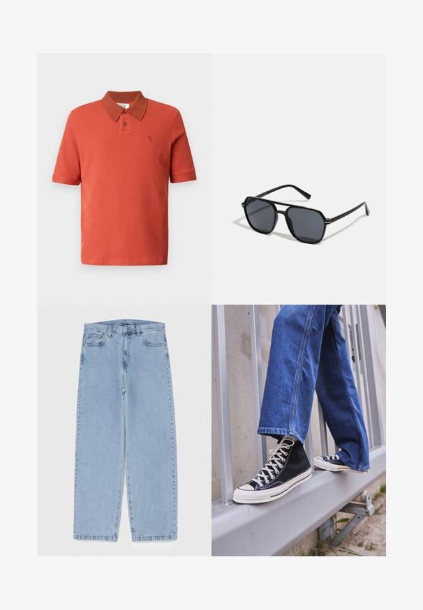Trumpomis rankovėmis polo marškinėliai plytų raudonos spalvos, tekstūruotos medžiagos, su kontrastine ruda apykakle, dviem mygtukais ir siuvinėta logotipu.; Šviesiai mėlyni džinsai su tiesiomis kojomis, turintys vidutinio aukščio juosmenį, penkias kišenes ir mygtuko bei užtrauktuko uždarymą.; Juodi aukšti sportiniai bateliai su baltu padu ir raišteliais, derinami su laisvai krentančiais mėlynais džinsais, atremti į pilką turėklą.; Juodos akiniai nuo saulės su aštuonkampiu rėmeliu, tamsiais objektyvais, blizgiu paviršiumi, plonomis šakutėmis ir auksinėmis akcentais priekyje.