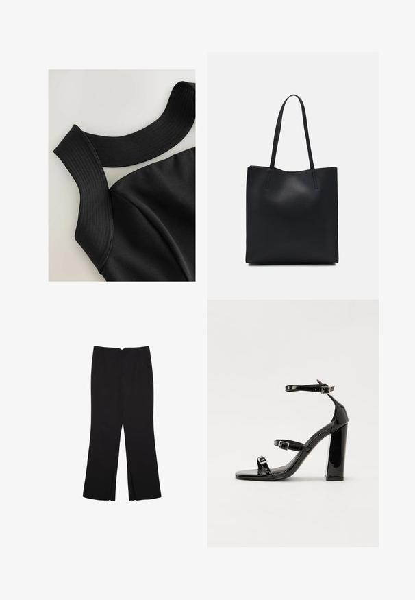Black sleeveless top with wide ribbed straps and a smooth fabric texture, featuring contoured seams for a fitted design.; Black trousers with a straight fit, featuring front pockets and side slits at the hem. Made of soft, smooth fabric. Suitable for various occasions.; Black patent heeled sandals with a square toe, ankle straps, and silver buckles. Features a chunky block heel for stability.; Black leather tote bag with smooth texture, rectangular shape, and two long handles. No visible hardware or embellishments.