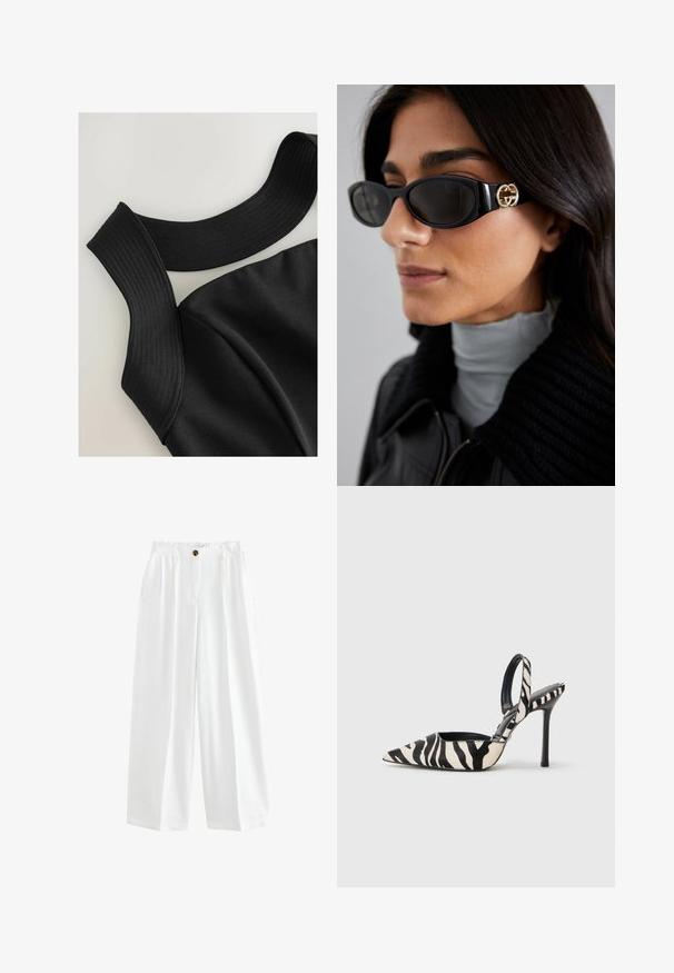Top negru fără mâneci, cu bretele late din material ribat și o textură netedă, având cusături conturate pentru un design ajustat.; Pantaloni albi cu picior larg, confecționați dintr-un material ușor. Au o închidere cu buton, două buzunare laterale și o croială lejeră.; Cizma cu vârf ascuțit și spate descoperit, în imprimeu zebra alb-negru, având un toc subțire și înalt și un interior negru.; Ochelari de soare negri, cu un cadru rectangular elegant și un accent cu logo auriu pe lateral. Lentile întunecate și finisaj lucios sunt proeminente.; Geantă de umăr din piele neagră împletită, cu o formă lejeră și un umăr lat. Prezintă un design texturat, împletit, cu o finisare netedă.