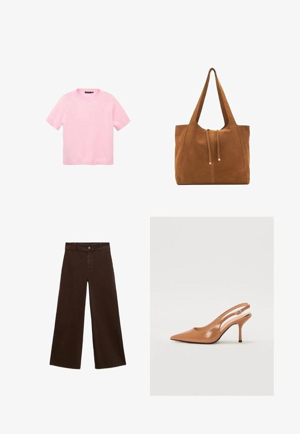 Ružičasti pulover s kratkim rukavima napravljen od mekanog materijala, ima okrugli izrez i ravno krojenje bez uzoraka ili akcenta.; Smeđe široke hlače od pamuka, s raspucanim rubom, prednjim kopčanjem na dugme i klasičnim dizajnom s pet džepova. Minimalističke i svestrane.; Sandal s petom u obliku šiljastog prsta od glatkog, sjajnog smeškastog materijala. Ima zakrivljeni izrez i vitku štiklu. Detalj s srebrnom kopčom.; Smeđa antilop torba za ruke s dva duga remena, zatvaranje na vezicu i minimalistički dizajn. Glatka tekstura i bez vidljivih metalnih elemenata.