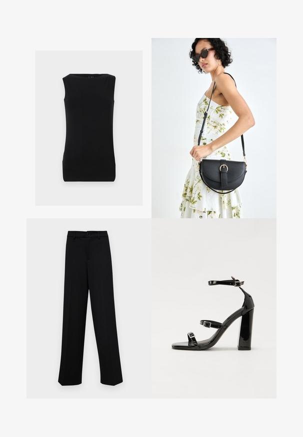 Čierny bezrukávový top vyrobený z mäkkej látky, s okrúhlym výstrihom a priliehavým strihom s hladkou textúrou. Žiadne viditeľné vzory ani akcenty.; Čierne široké nohavice vyrobené z hladkej látky, s klasickým pásom a zapínaním na gombík, a prednými skladmi.; Čierne lakované sandále na podpätku so štvorcovou špičkou, navlečenými remienkami okolo členku a striebornými prackami. Disponujú masívnym blokovým podpätkom pre stabilitu.; Čierna kožená kabelka s zaobleným tvarom, odnímateľným popruhom a zlatými doplnkami. Kabelka má klopu s detailom s prackou.