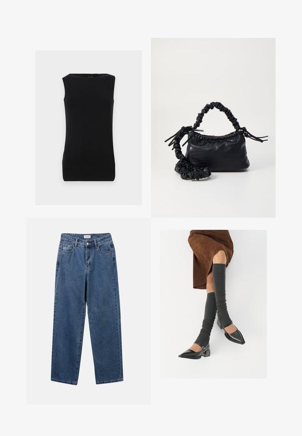 Črn brezrokavnik iz mehkega blaga, z okroglim izrezom in prilegnjenim oblikovanjem ter gladko teksturo. Brez vidnih vzorcev ali dodatkov.; Klasične modre jeans hlače s ravnim krojem, petimi žepi in gumbom za zapiranje. Imajo srednje pranje in trdno teksturo.; Črne lakirane čevlje s pointy prsti in blok peto ter z naramnicami za gleženj, ki jih kombiniramo s sivimi rebrastimi nogavicami in rjavim suknjičem iz usnja.; Črna torbica iz umetnega usnja s krokodilovo teksturo, z zvitim vrhom in zmečkano naramico. Zdi se mehka in kompaktna v oblikovanju.