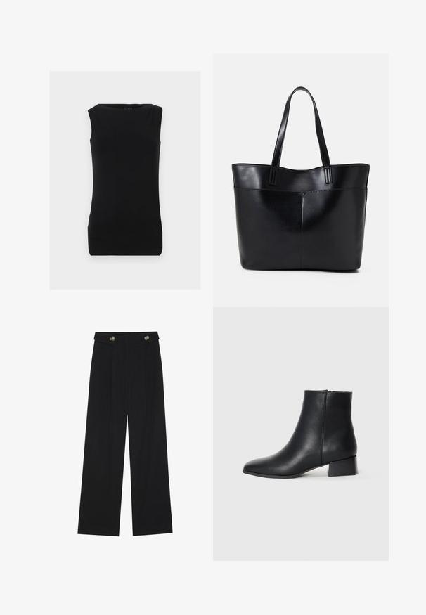 Svart ermeløs topp laget av myk stoff, med rund hals og en tettsittende design med glatt tekstur. Ingen synlige mønstre eller detaljer.; Svart vide bukser med høy midje, knappdetaljer på midjebåndet og frontplisser.; Svarte lær ankelsko med spiss tå og lav blokkhæl, med en glatt tekstur og minimalistisk design.; Svart lær toteveske med to lange håndtak, en glatt tekstur og en strukturert form. Har en frontlomme for ekstra oppbevaring.
