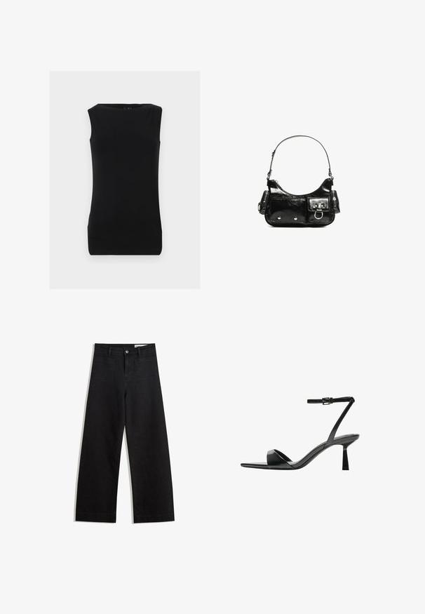 Čierny bezrukávový top vyrobený z mäkkej látky, s okrúhlym výstrihom a priliehavým strihom s hladkou textúrou. Žiadne viditeľné vzory ani akcenty.; Čierne denimové nohavice s širokými nohavicami a vysokým pásom, so prednými a zadnými vreckami, šitými švami a zapínaním na gombík. Hladká textúra.; Bershka Sandále na vysokom opätku - black; Čierna laková kožená kabelka s ohnutým tvarom, jedným ramenným popruhom, prednými vreckami a striebornými kovovými doplnkami.