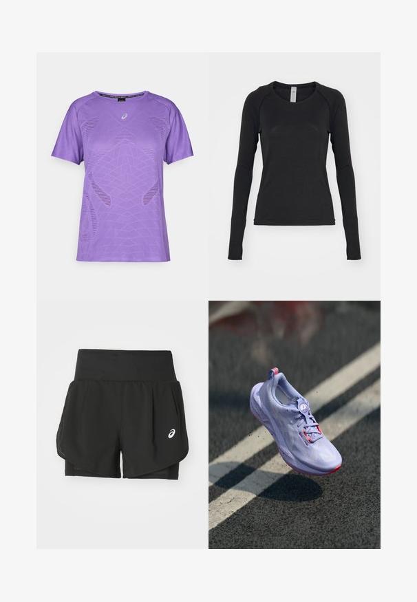 Fioletowa koszulka sportowa z lekkiego materiału. Posiada siateczkowe wstawki i geometryczny wzór. Krótkie rękawy i okrągły dekolt.; Czarna koszula z długim rękawem, wykonana z miękkiego materiału. Posiada okrągły dekolt oraz rękawy raglanowe z otworami na kciuki przy mankietach. Minimalistyczny design.; Czarne szorty sportowe z przewiewną siateczkową nakładką, wewnętrznymi szortami o gładkiej fakturze i białym logo po lewej stronie.; Jasnofioletowy but do biegania z teksturowaną cholewką, różowymi akcentami, okrągłym mechanizmem sznurowania i nakropkowaną podeszwą, uniesiony nad tle chodnika.