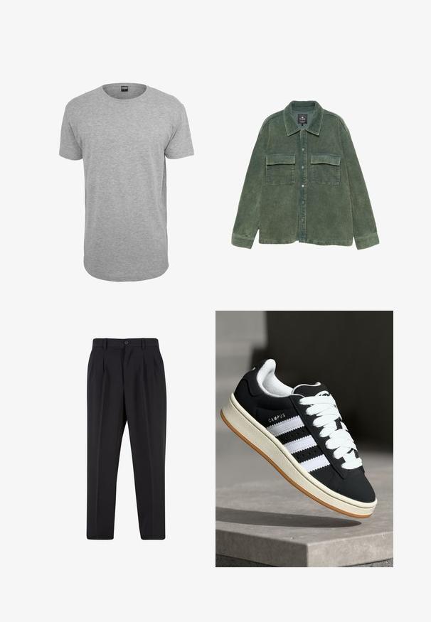 Grå bomulds T-shirt med rund hals, korte ærmer, lige kant og en blød tekstur; minimal branding synlig ved halsudskæringen.; Grønne kordfarvede skjortejakke med krave, frontknaplukning og to brystlommer. Ribbet tekstur hele vejen igennem.; Sorte bukser med plisseret frontdesign, lavet af glat stof. Har knaplukning og bæltestropper; lige pasform.; adidas Originals CAMPUS 00S - Sneakers - core black/footwear white/off-white