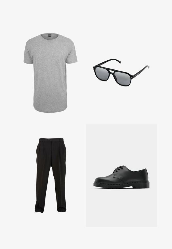 Grijze katoenen T-shirt met ronde hals, korte mouwen, rechte zoom en een zachte textuur; minimale merkidentificatie zichtbaar bij de halslijn.; Zwarte broek van gladde stof, met voorplooien, een knopenband en taps toelopende enkelboorden. Klassieke taillering.; Zwarte leren oxford schoenen met vetersluiting, ronde neus, platte rubberen zool en subtiele stiksel details langs het bovenwerk.; Zwarte zonnebril met rechthoekige montuur, grijs getinte glazen en een uitgesneden ontwerp bij de neusbrug. Strak, glanzend kunststof materiaal met smalle veren.