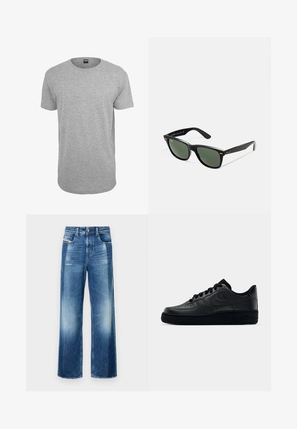 Pelēks kokvilnas T-krekls ar īsām piedurknēm, taisnu apakšmali un mīkstu tekstūru; minimāls zīmols redzams pie kakla izgriezuma.; Platās kājas džinsi vidēji zilā krāsā, ar pogu aizdari, priekšējiem kabatām un nelielu izbalējumu. Tīrsa apmale ar taisnu griezumu.; Melni Nike Air Force 1 apavi ar gludu ādas virsu, perforētu purngalu gaisa caurlaidībai, melnām šņorēm un teksturētu gumijas zoli.; Melnas plastmasas saulesbrilles ar zaļiem lēciem, kvadrātveida rāmjiem, sudrabainu akcentu uz uzacīm un teksturētām tempļu kājām. Zīmols norādīts uz iekšējās kājas.