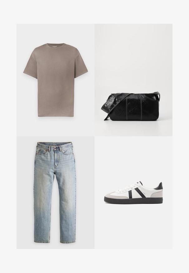 Majica kratkih rukava s okruglim izrezom u prigušenoj boji taupe, izrađena od pamuka, s opuštenim krojem i glatkom, mekanom teksturom.; Svijetloplave traperice visoki struk, prednji gumb, zatvarač i dizajn s pet džepova, položene ravno na neutralnoj pozadini.; Bijele tenisice s crnim i sivim detaljima, s teksturiranim sivim zaštitnikom prstiju, crnim gumene potplate i ravnim bijelim vezicama. Čist dizajn, minimalistički stil.; Crna kožna torba preko ramena s zatvaranjem na patentni zatvarač, s teksturiranim tijelom, bijelim šavovima i remenom sa srebrnim okovima.