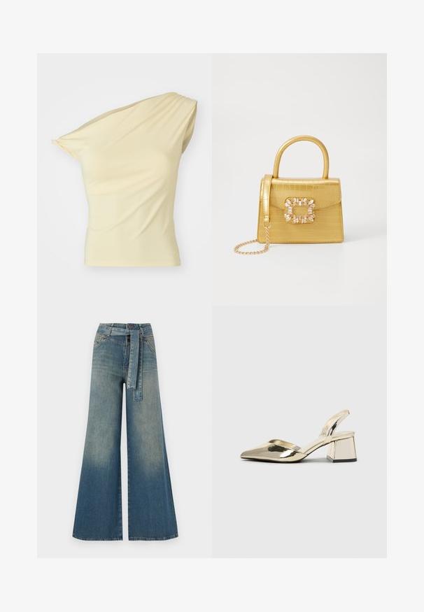 Asymmetrisch top met één schouder in lichtgeel, gemaakt van soepele, rekbare stof; voorzien van subtiele draping en een aansluitende pasvorm.; Wijduitlopende denim broek met een lichte naar donkere blauwe gradient, hoge taille, riemlussen en een bijpassende stoffen riem. Gestructureerde denimafwerking.; Gouden, metalen slingback hakken met een spitse neus en een chunky hak. Glad oppervlak, minimalistisch ontwerp en een smalle band.; Geel faux-krokodillenhandtas met een gestructureerd ontwerp, bovenhandvat, afneembare kettingriem en decoratieve kristallen versiering op de sluiting.; Gouden metalen oorbel met een slank, gebogen ontwerp. Beschikt over een kenmerkende puntige vorm, gepolijste oppervlakte en scharnier sluiting.