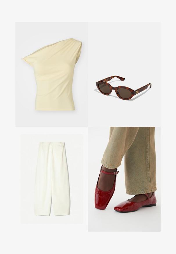 Top asimetric cu un umăr, de culoare galben deschis, realizat dintr-un material neted și elastic; prezintă hipersensibilitate și siluetă ajustată.; Pantaloni evazați dintr-un material crem moale, cu o textură fină, buzunare frontale și o croială lejeră cu un talie de înălțime medie.; Pantofi din piele patent roșie cu vârf pătrat, toc mic și bretele la gleznă, asortați cu blugi largi de culoare verde deschis. Textură netedă, suprafață reflectorizantă.; Ochelari de soare din tortoiseshell cu rame rotunde, lentile întunecate și detalii cu logo auriu pe brațe. Material plastic neted, fără modele vizibile.