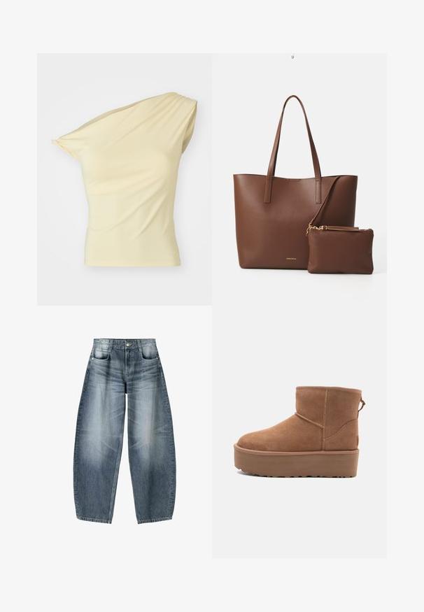 Asymmetrisk top med en axel i ljusgul, tillverkad av mjukt, elastiskt tyg; har subtil drapering och en figurnära siluett.; Vidjeans i ljusblå denim med blekningar, som har en femficksdesign, knappgylf och minimala sömnadsdetaljer.; Tan mockasköna med plattformssula, rund tå och broderade detaljer; har en dragflik baktill för enkel påtagning.; Brun fusk läder tote-väska med två långa handtag och en matchande liten påse. Ytan har ett strukturerat mönster och guldiga detaljer.