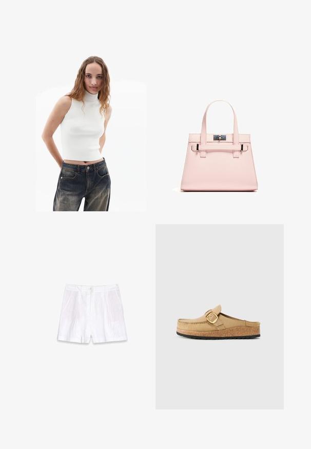 Hvid ærmeløs ribbet turtleneck-top parret med blå denim jeans med høj talje, der har forsigtig lommer og en let falmning.; Hvide linnedshorts med plisseret front, sidelommer og opkrøllet manchet. Har en knaplukning i taljen for en sikker pasform.; Beige træskor med en bred rem og guldspænde, lavet af blødt materiale, med en kork-mellemsål og en tekstureret sort gummisål.; Rosa struktureret håndtaske lavet af tekstureret læder, med to top håndtag, en låseanordning og kontrasterende metalaccenter.
