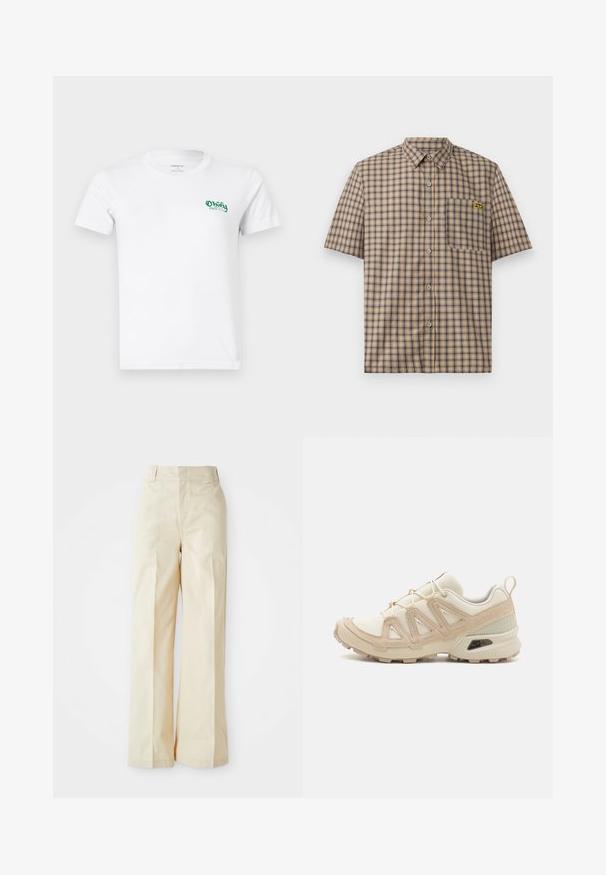 T-shirt branco de algodão com mangas curtas e decote redondo. Destaca-se pelo logotipo "Obey" bordado em verde na área do peito esquerdo.; Camisa de manga curta em xadrez bege com quadrados em azul-marinho e castanho, apresentando um bolso no peito e um logótipo amarelo no bolso.; Calças largas bege com um cintura alta, apresentando um tecido liso e plissados frontais bem passados, em fundo branco liso.; Sapatilha atlética beige e creme com parte superior em malha texturizada, sobreposições de suporte e sola de borracha com um padrão de cravo para tração.
