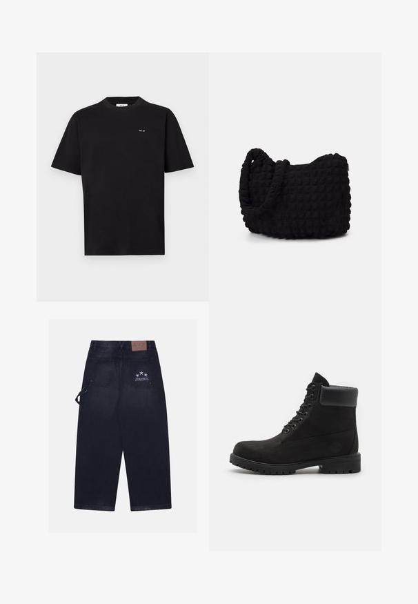 Schwarzes T-Shirt mit kurzen Ärmeln und Rundhalsausschnitt, mit kleinem weißen "NN. 07" Logo auf der linken Brust, vor einem weißen Hintergrund präsentiert.; Dunkelblaue Jeanshose mit lockerer Passform. Verfügt über zwei Gesäßtaschen, ein Lederpatch mit Logo und ein Fünf-Sterne-Design auf einer Tasche.; Schwarze geschnürte Knöchelboots mit gepolstertem Kragen und robustem Profil, im Profil vor einem weißen Hintergrund dargestellt.; Schwarze Stofftasche mit einer strukturierten, gesteppten Oberfläche. Abgerundete Form, kurze, dicke Griffe und eine weiche, flexible Struktur.