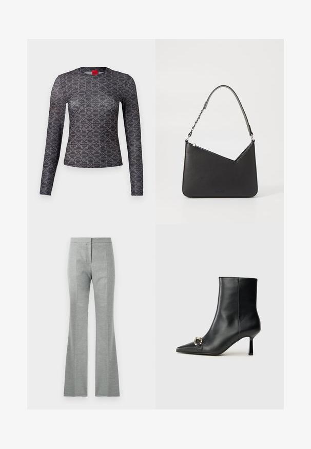 Långärmad skjorta i svart och grått med ett geometriskt mönster. Har rundad halsringning och logotypdetalj på framsidan och baksidan. Slät textur.; Grå utsvängda byxor med vertikala sömmar, tillverkade av ett mjukt, texturerat tyg. Har en åtsittande midja och en slät finish.; Svart läderankelboot med spetsig tå, smal medelhög klack och silverfärgad spänndetalj på sidan mot en enfärgad bakgrund.; Svart läderhandväska med triangulär form, en smal rem och silverfärgad hårdvara. Har dragkedjestängning och logotyp prägling på framsidan.