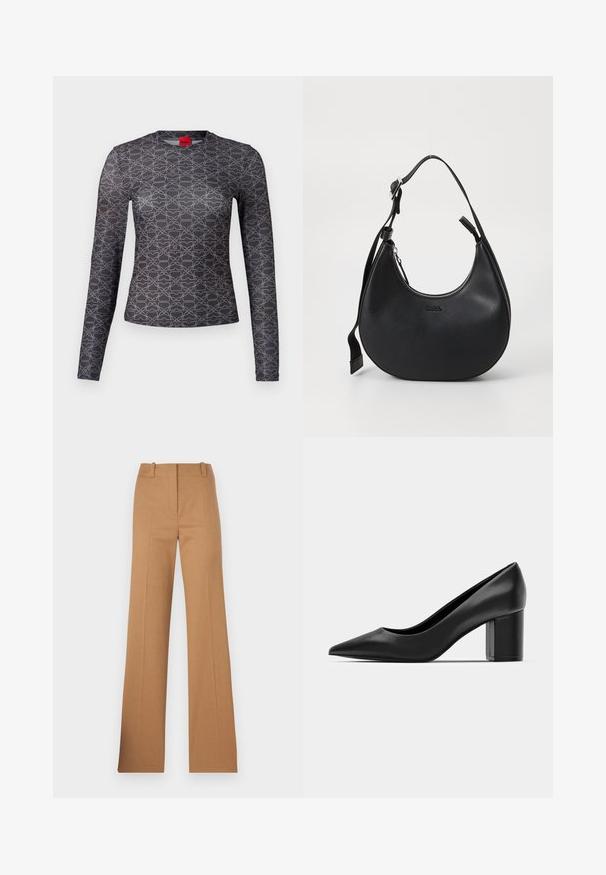 Duga majica s dugim rukavima u crnoj i sivoj boji s geometrijskim uzorkom. Ima okrugli izrez i detalj s logotipom sprijeda i straga. Glatka tekstura.; HUGO HULANA - Chino hlače - open brown; Crne kožne cipele s uskim vrhom i debelim kvadratnim potpeticama. Glatka tekstura, jednostavan dizajn, pogodne za formalna okruženja.; Crna kožna torba za rame s zakrivljenim oblikom, zatvaranjem na munju i podesivim remenom. Ima utisnuti logo branda sprijeda.